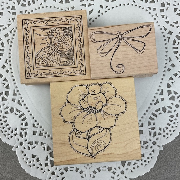 Vintage Teddy Bear floral butterfly dragonfly rubber stamps - Picture 1 of 4